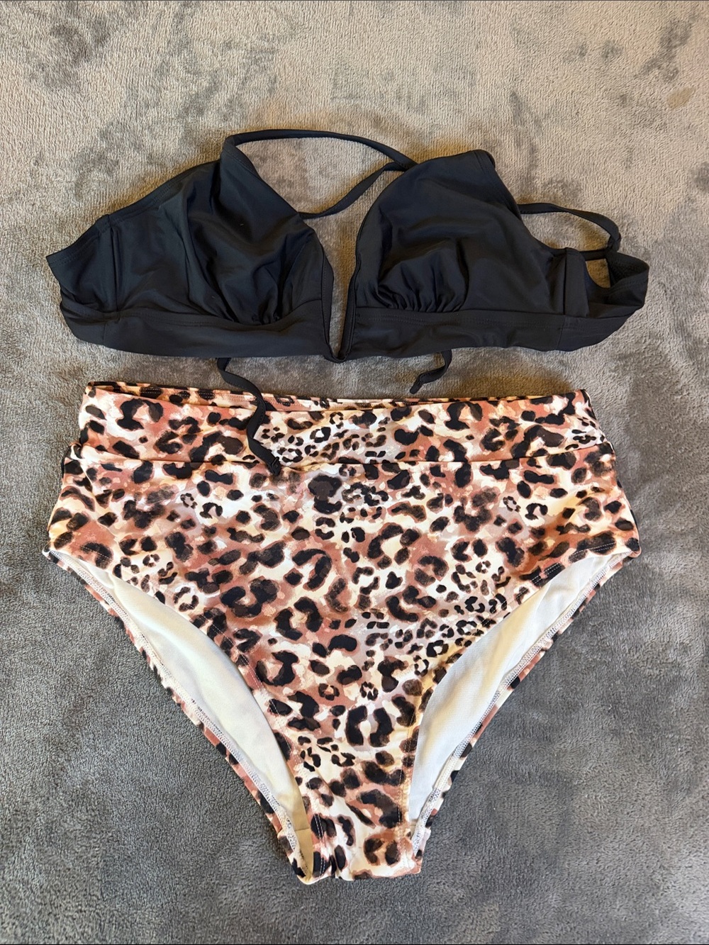Time and Tru Black Bikini Top with Leopard Print High-Waist Bottoms